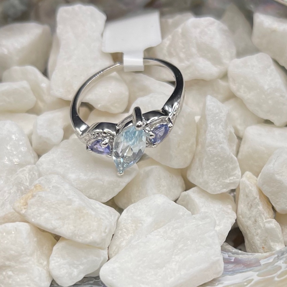 Topaz Tanzanite Ring Marquise Pear Cut Rhodium Sterling Silver Sky Blue W 7 NWT - Picture 7 of 17